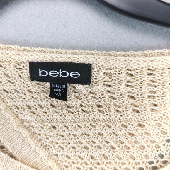 Bebe Beige Open Back Knit Sweater Women's M/L Boxy Crop Short Sleeve Y2K Boho - Picture 3 of 10
